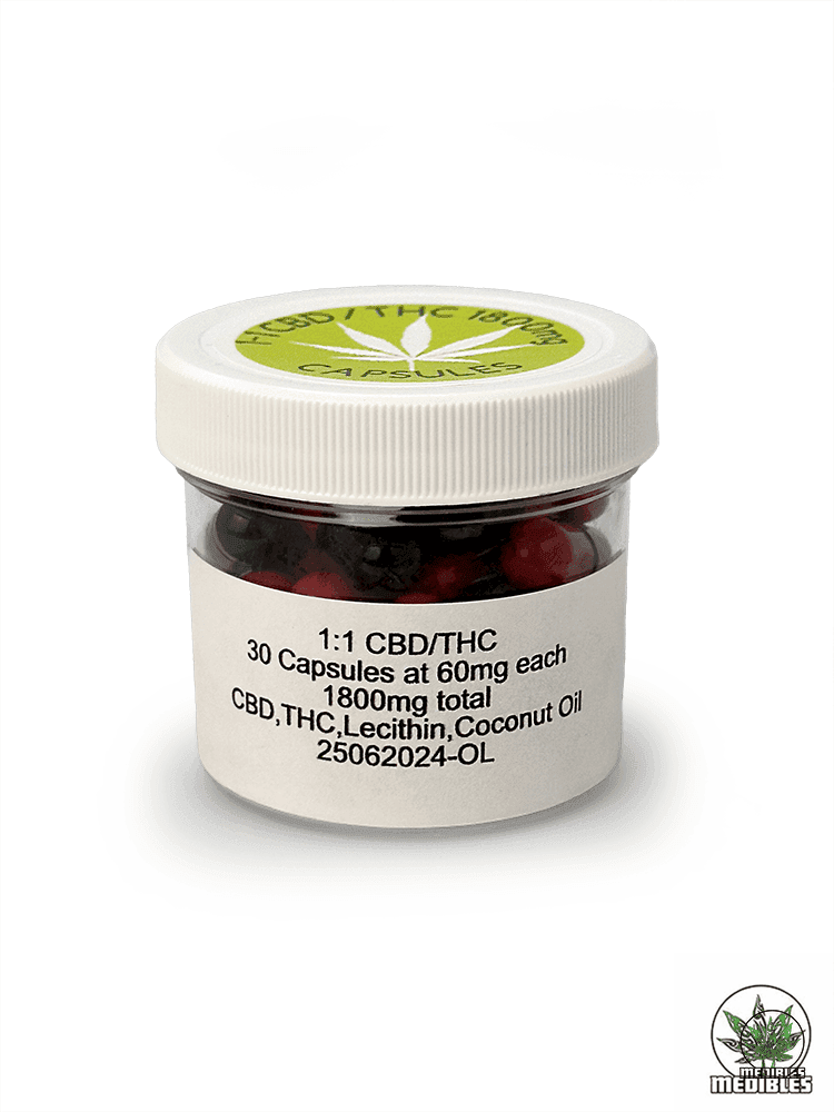 1:1 CBD THC Capsules 2000mg balanced ratio cannabis capsules for therapeutic use available at Mohawk Medibles Canada