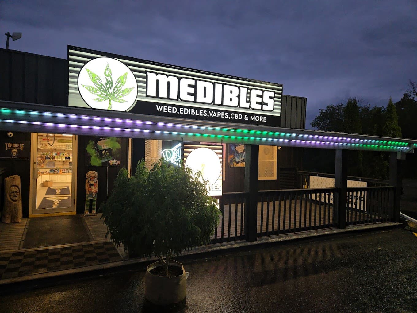 Mohawk Medibles storefront at night with illuminated MEDIBLES sign in Deseronto, Ontario
