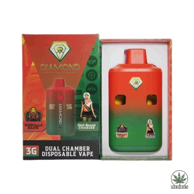 Diamond Concentrates 6g dual chamber disposable THC vape with Gorilla Glue and GSC flavours available in Canada
